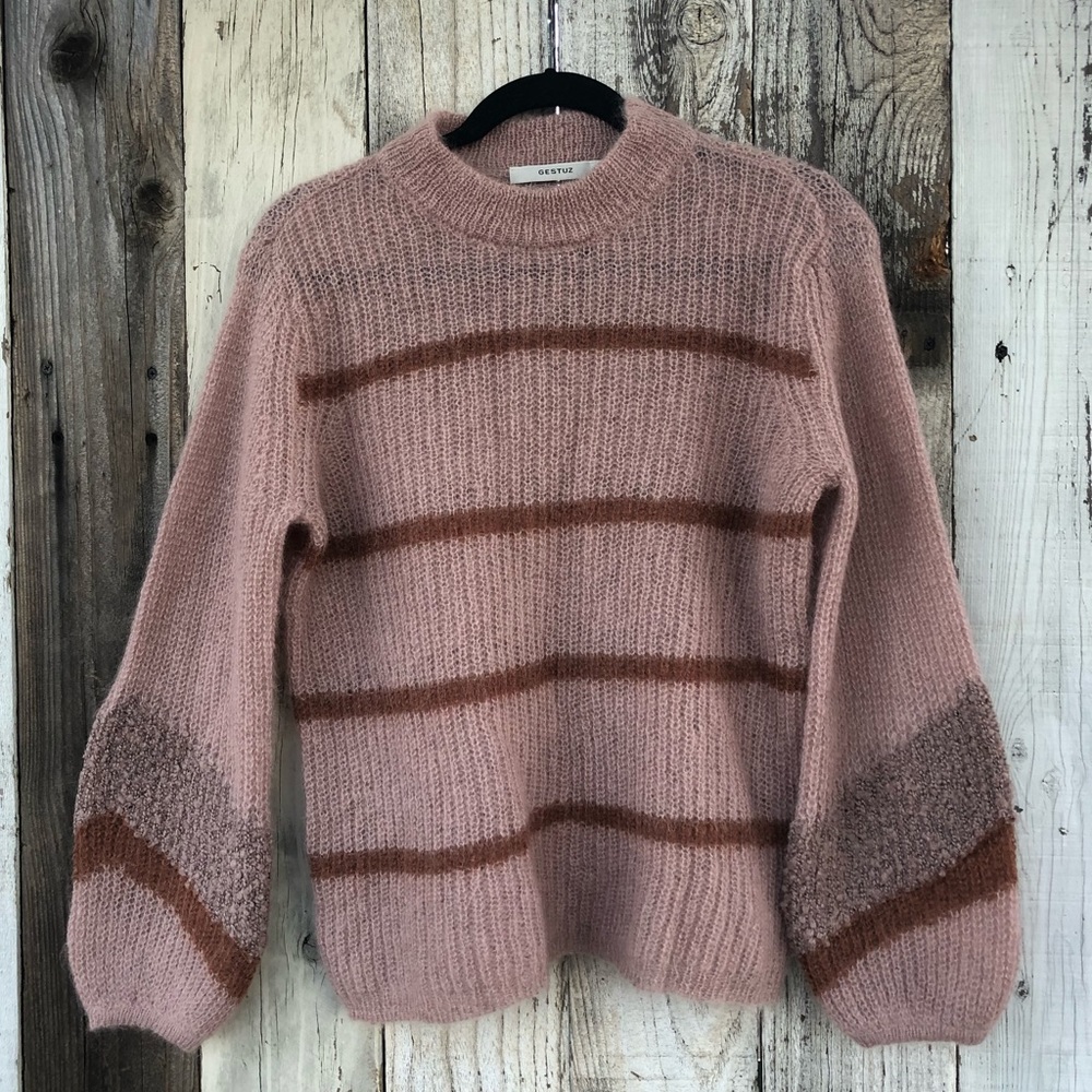 Mohair Wool Balloon Sleeve Abila Pullover Sweater Striped Rose Pink Gestuz